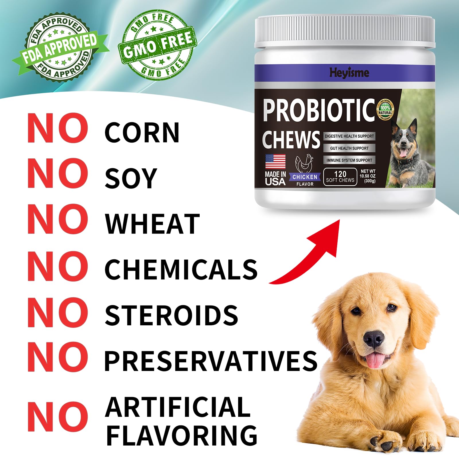 HEYISME Probiotiques chiens: peau et oreilles moins irritées.