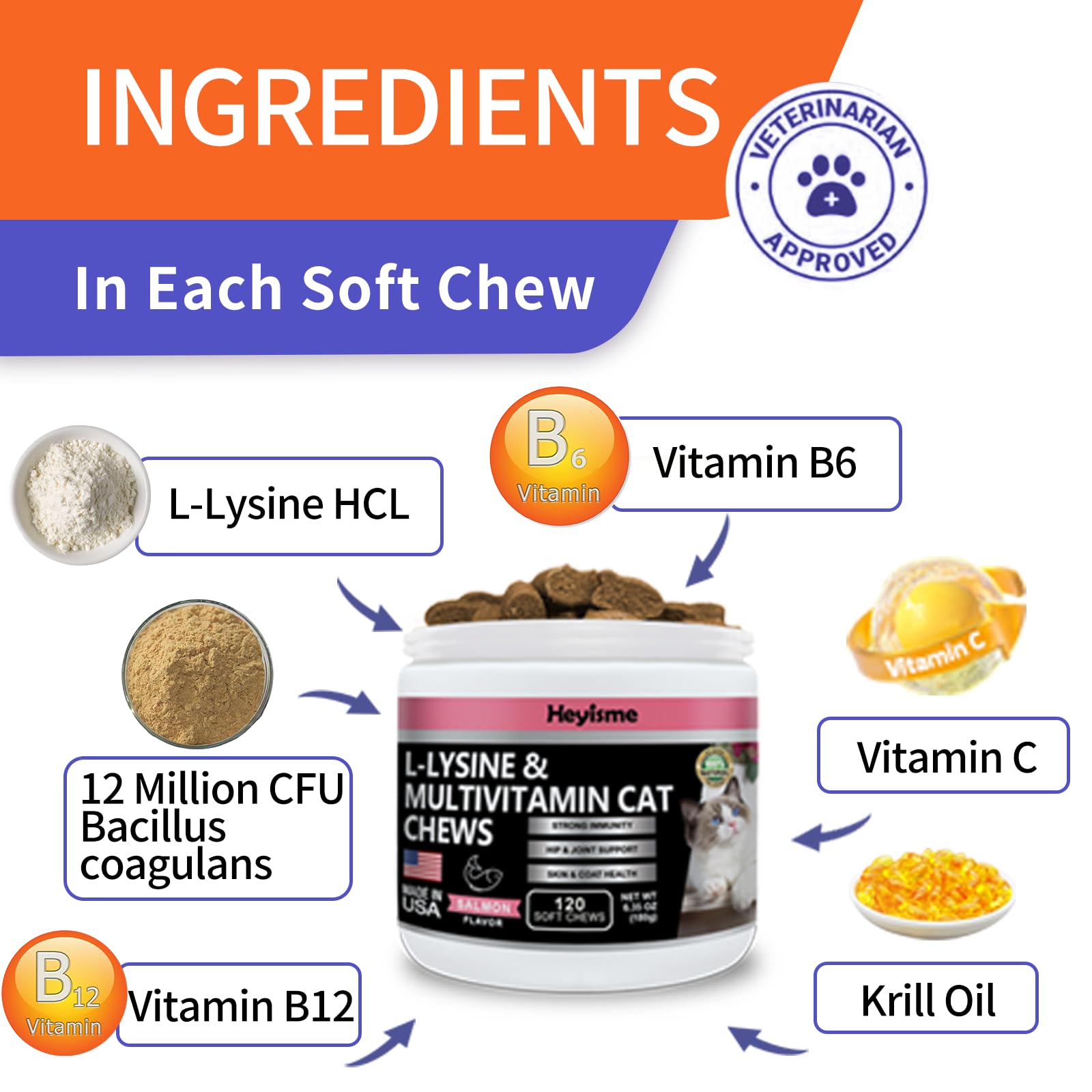 HEYISME tablettes Lysine chat saumon – complément complet pour la nutrition féline.