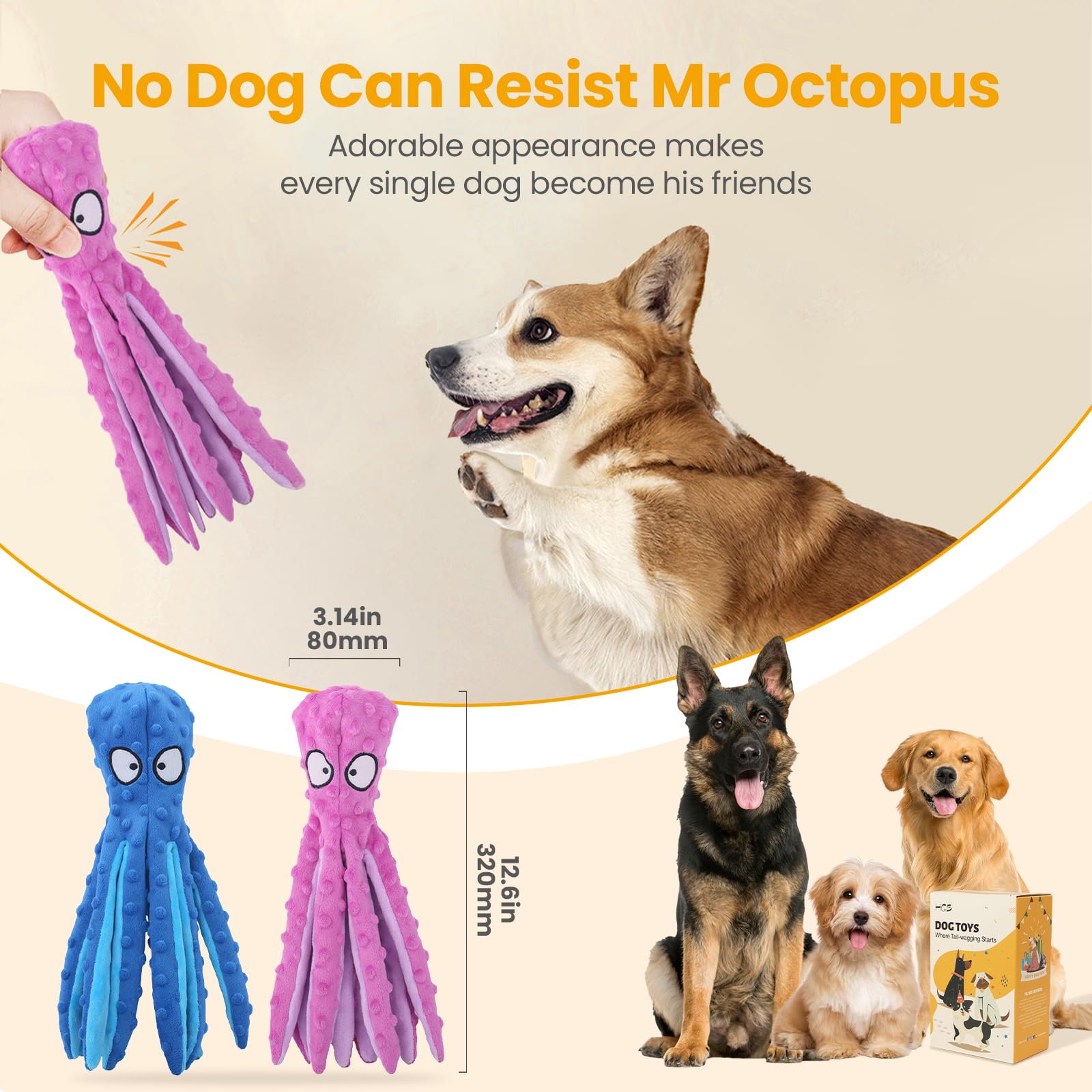 Peluche pieuvre HGB grande taille, durable et sans garniture pour chiens.