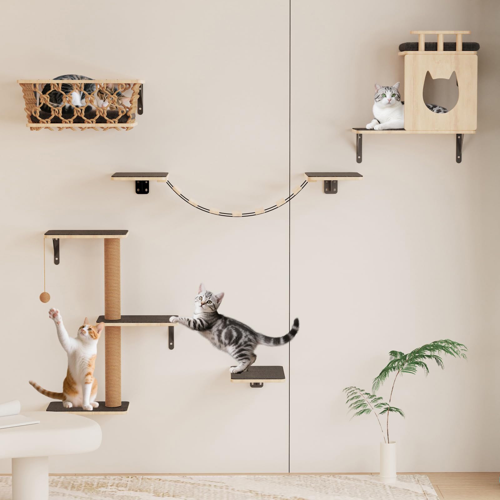 HHOFURN étagères murales pour chats avec hamac, espace repos sûr et vertical.