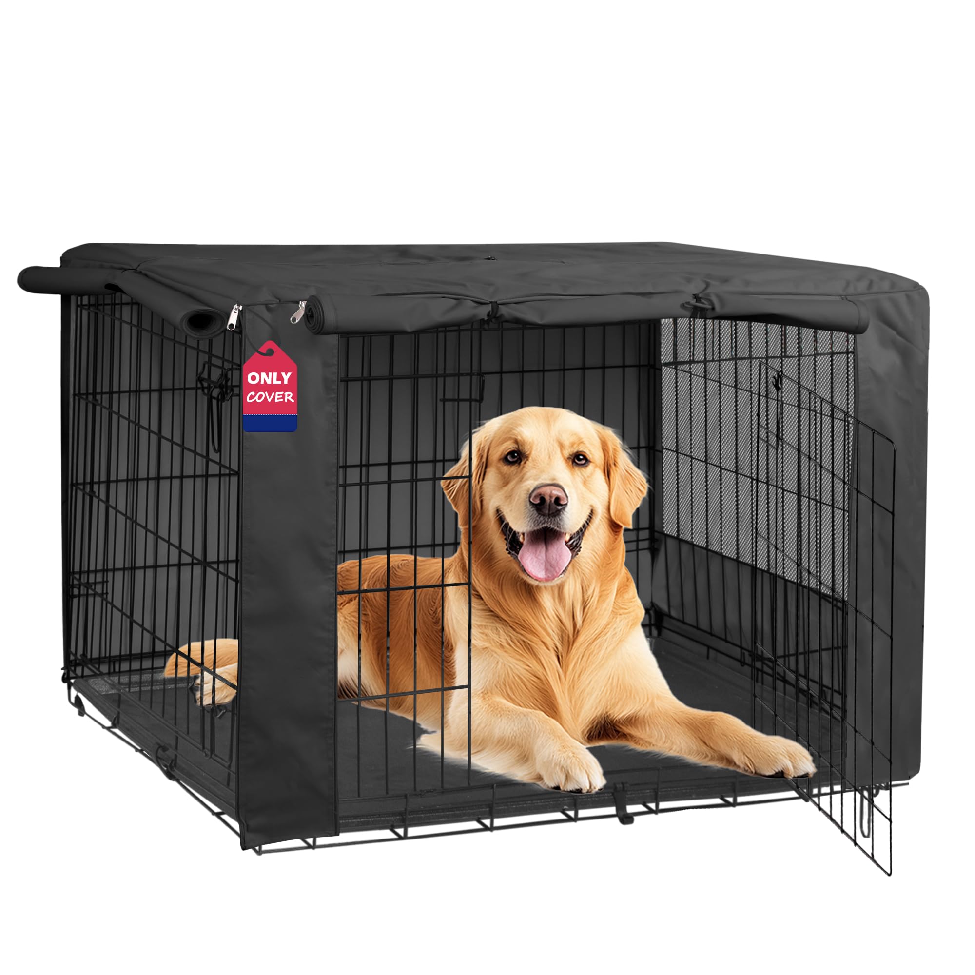 HiCaptain: vue avant de la housse cage chien 48 pouces, protège du soleil et de la poussière.