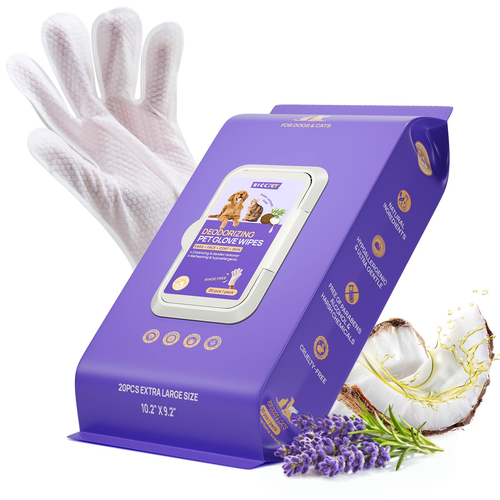 Lingette gant HICC PET: nettoyage rapide du pelage avec parfum Verveine.