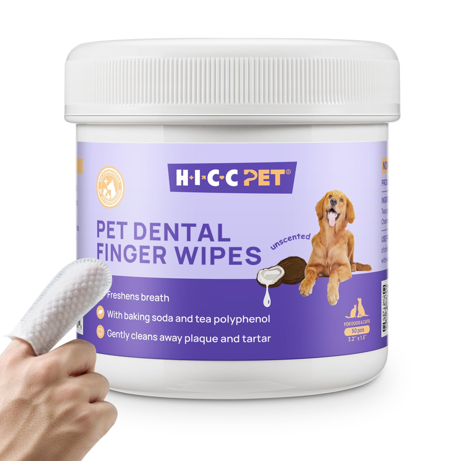 Lingettes dentaires HICC PET pour chiens et chats, contrôle plaque et haleine.