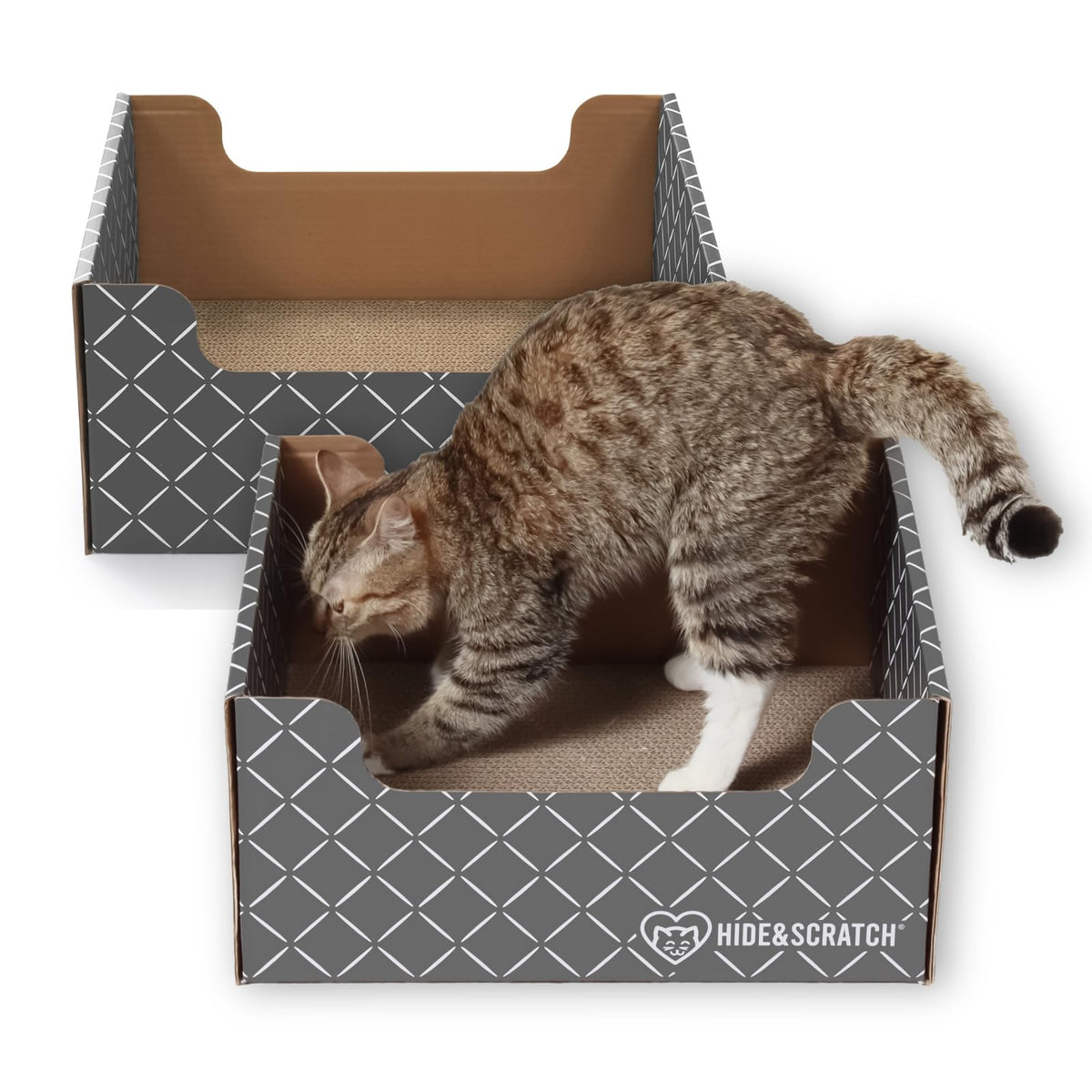 Hide & Scratch boîte-chat carton motif diamant sombre, protection meubles et griffage intégrés.