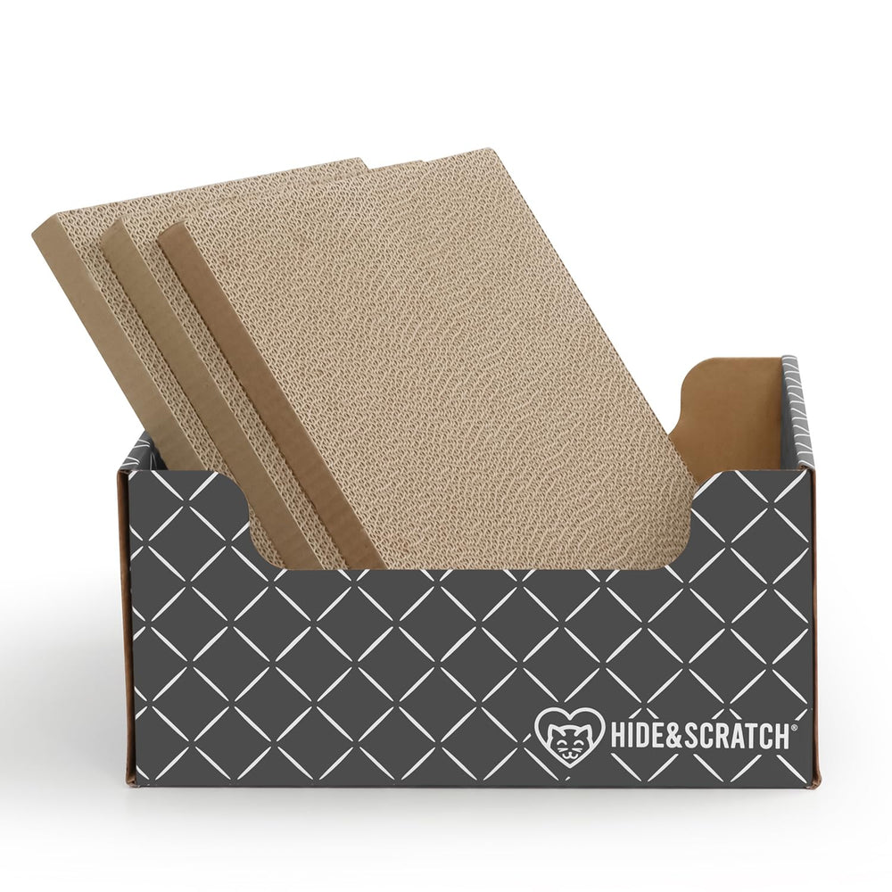 Hide & Scratch boîte griffade chat carton gris diamant, espace de jeu et repos sécurisé.