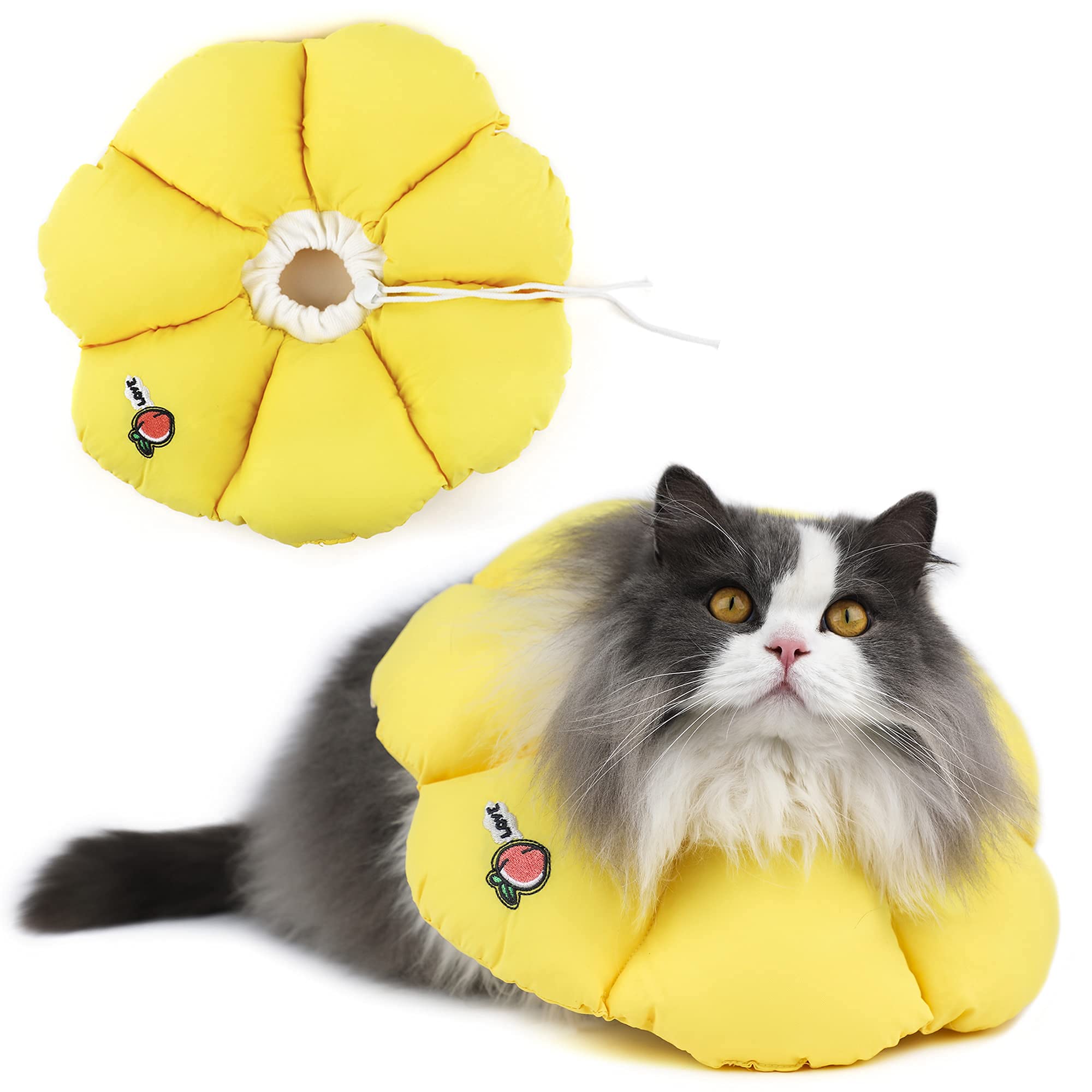 Cône HiDREAM sur un chat; collier jaune à fleurs, protection et style.