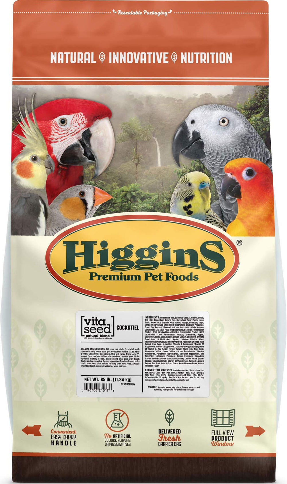 Higgins calopsitte Vita Graine en sac de 25 livres, alimentation équilibrée pour calopsittes.