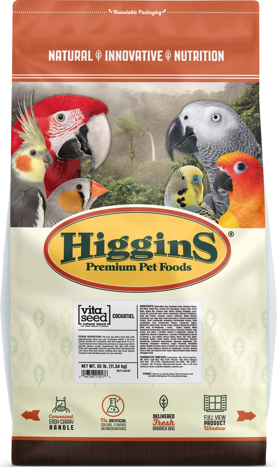 Higgins calopsitte Vita Graine en sac de 25 livres, alimentation équilibrée pour calopsittes.