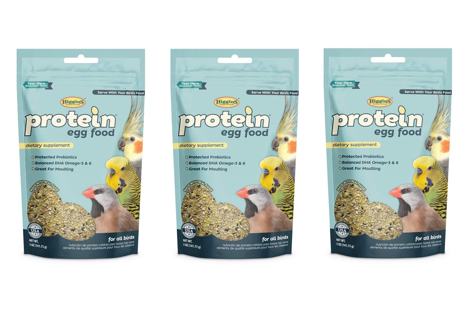 Higgins – emballage 3 paquets, apport protéique naturel pour oiseaux.