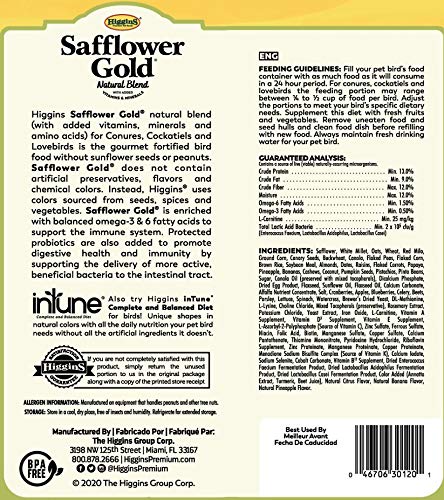 Higgins Safflower Gold, ingrédients naturels pour conures et calopsittes, soutien nutritionnel.