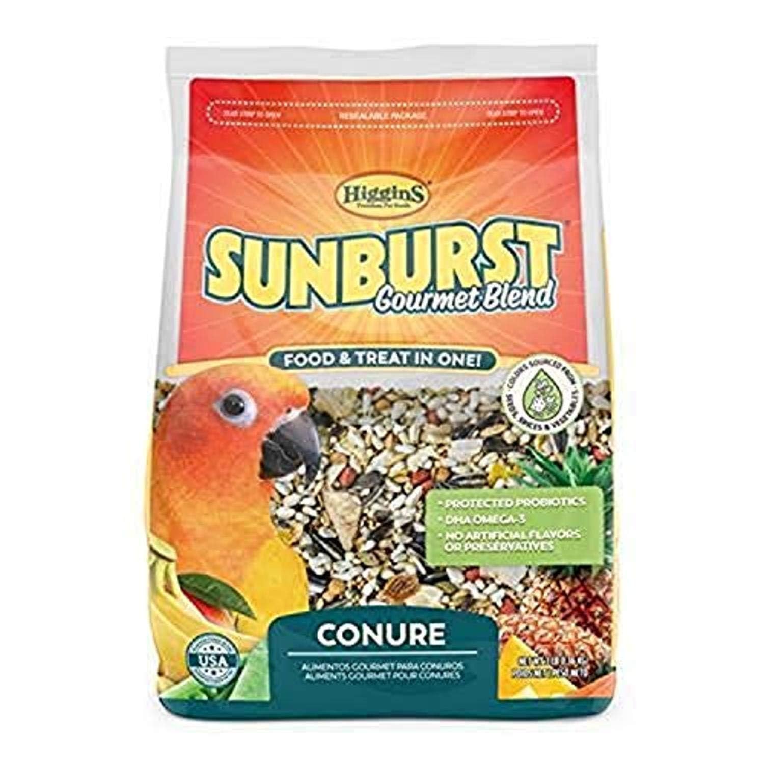 Higgins Sunburst Conure 3lb emballage: format pratique et recyclable, idéal pour une utilisation à domicile.