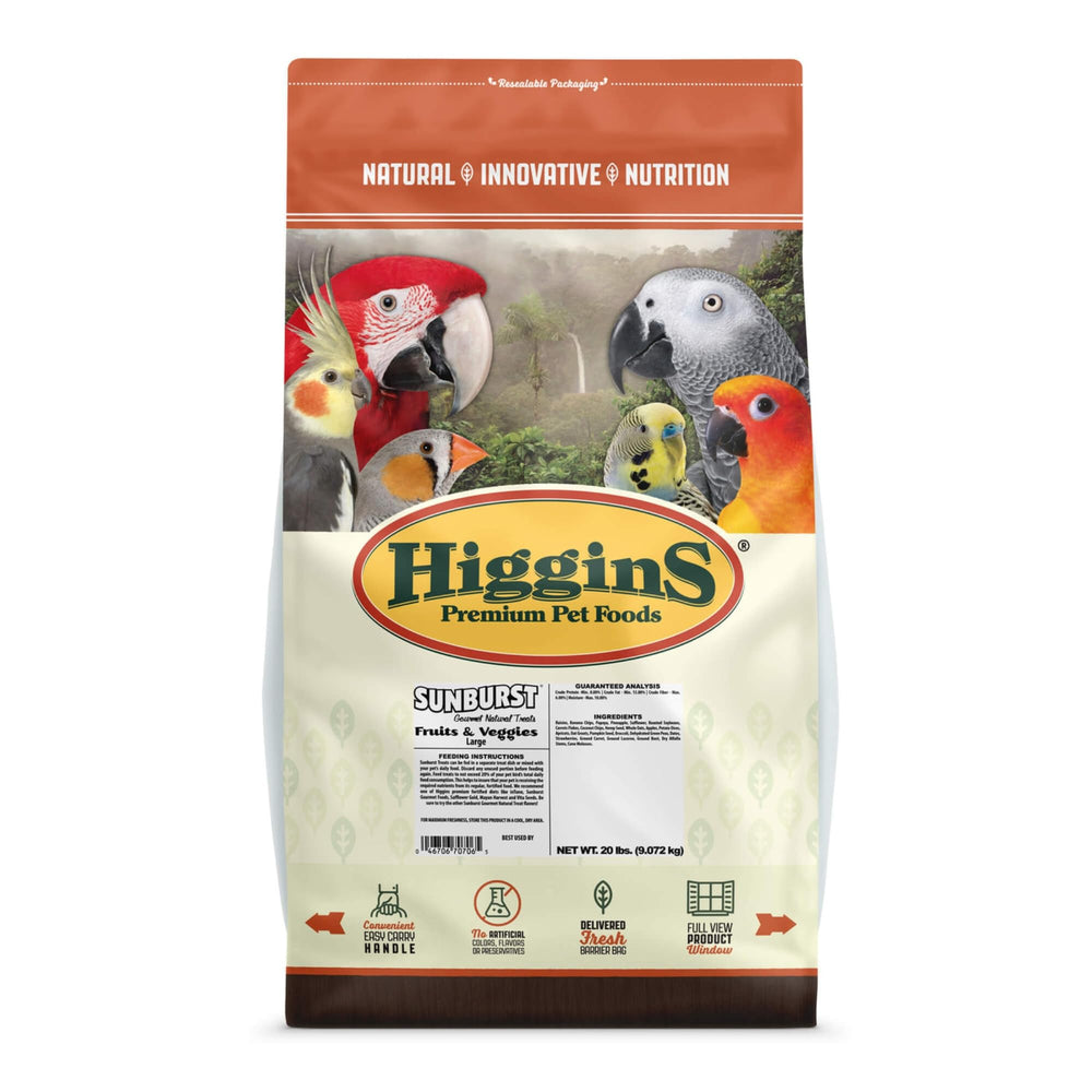Emballage Higgins Sunburst Fruits et Légumes pour grand oiseau à bec crochu, conserve fraîcheur.