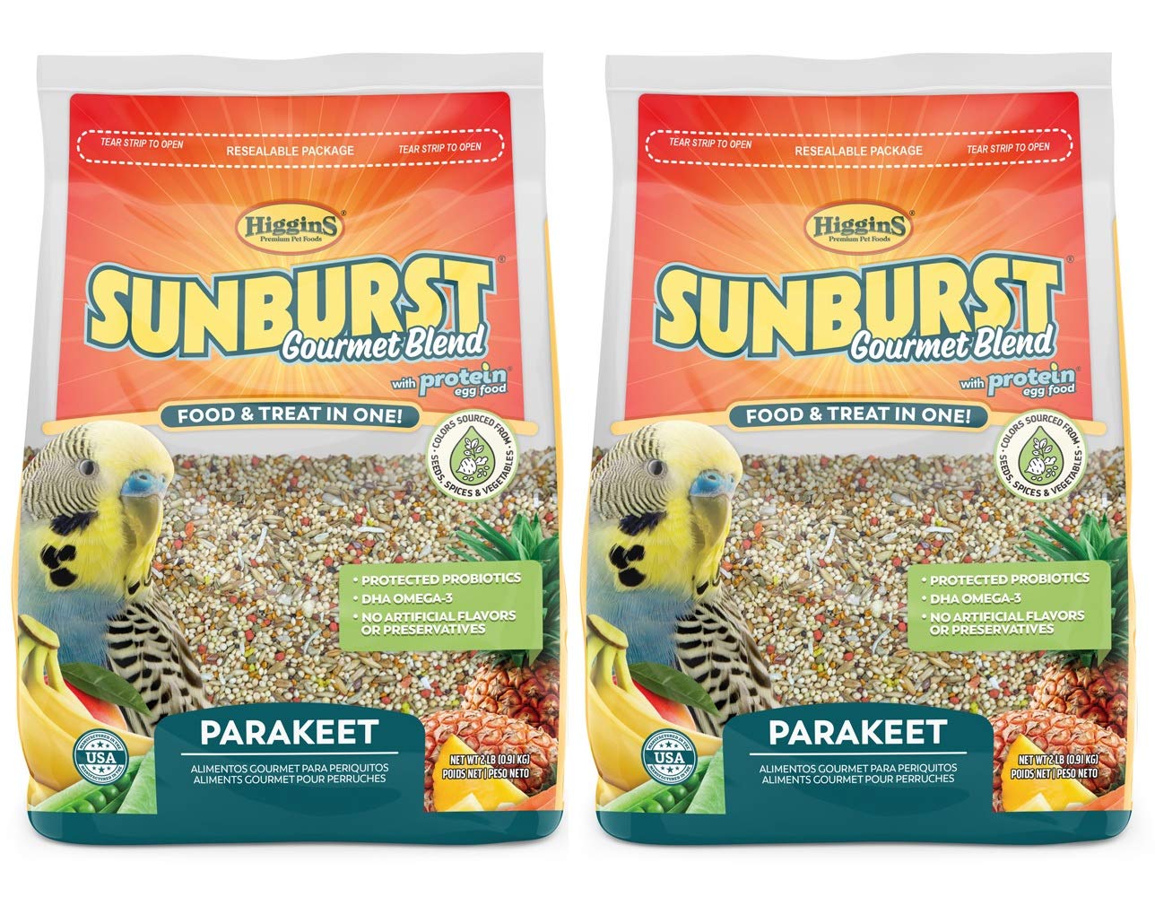 Higgins Sunburst Gourmet Blend pour perruche — emballage pratique et repas équilibrés.
