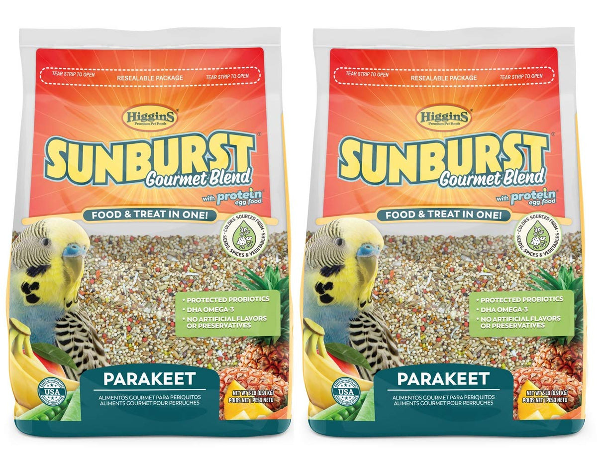 Higgins Sunburst Gourmet Blend pour perruche — emballage pratique et repas équilibrés.