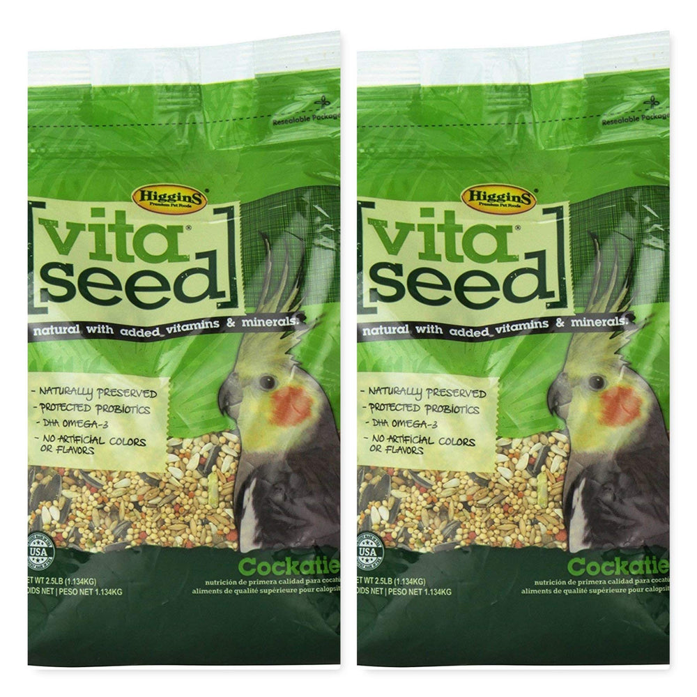 Higgins Vita Seed pour calopsitte – sachets, mélange fruits et noix, probiotiques digestifs.