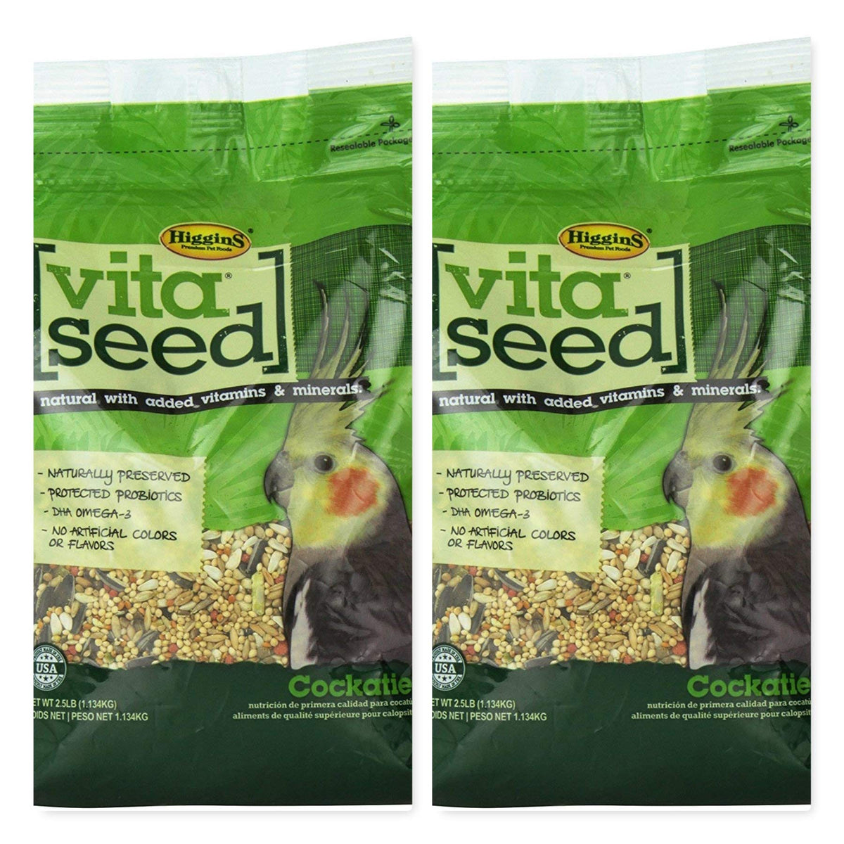 Higgins Vita Seed pour calopsitte – sachets, mélange fruits et noix, probiotiques digestifs.