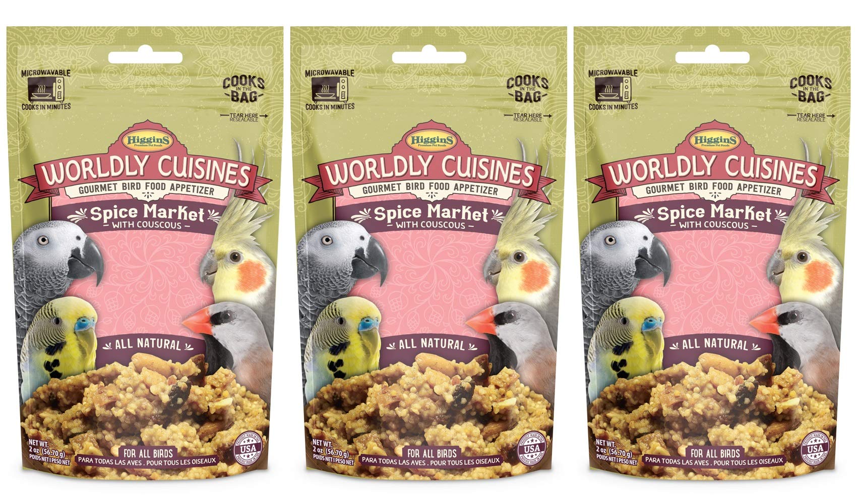 Friandise Higgins Worldly Cuisines Spice Market pour oiseaux, prête à être préparée en 2 onces.