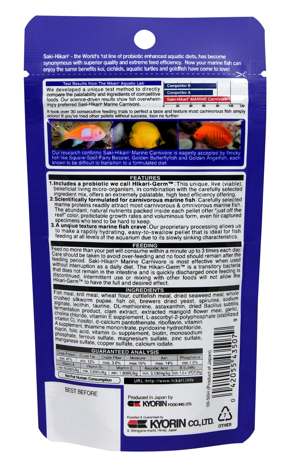 Hikari 042220 Carnivore – gros plan sur les pellets, texture uniforme pour une distribution régulière.