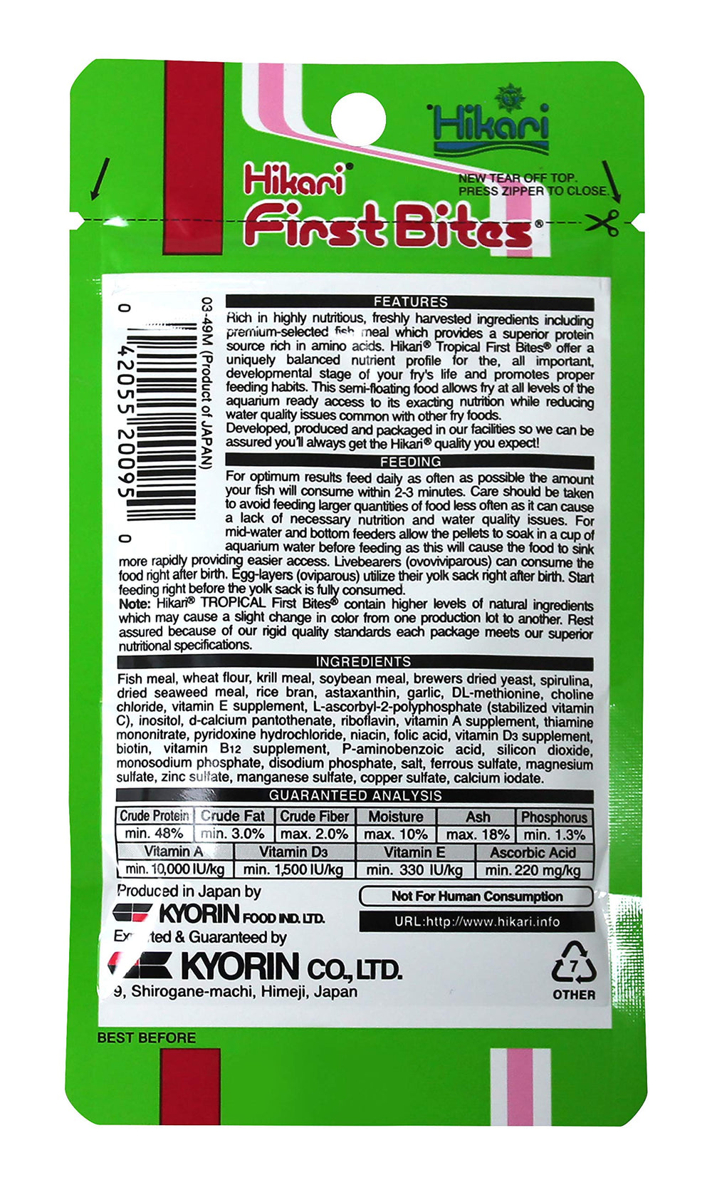 Nourriture Hikari Premières bouchées adaptée à l’élevage en eau douce et salée.