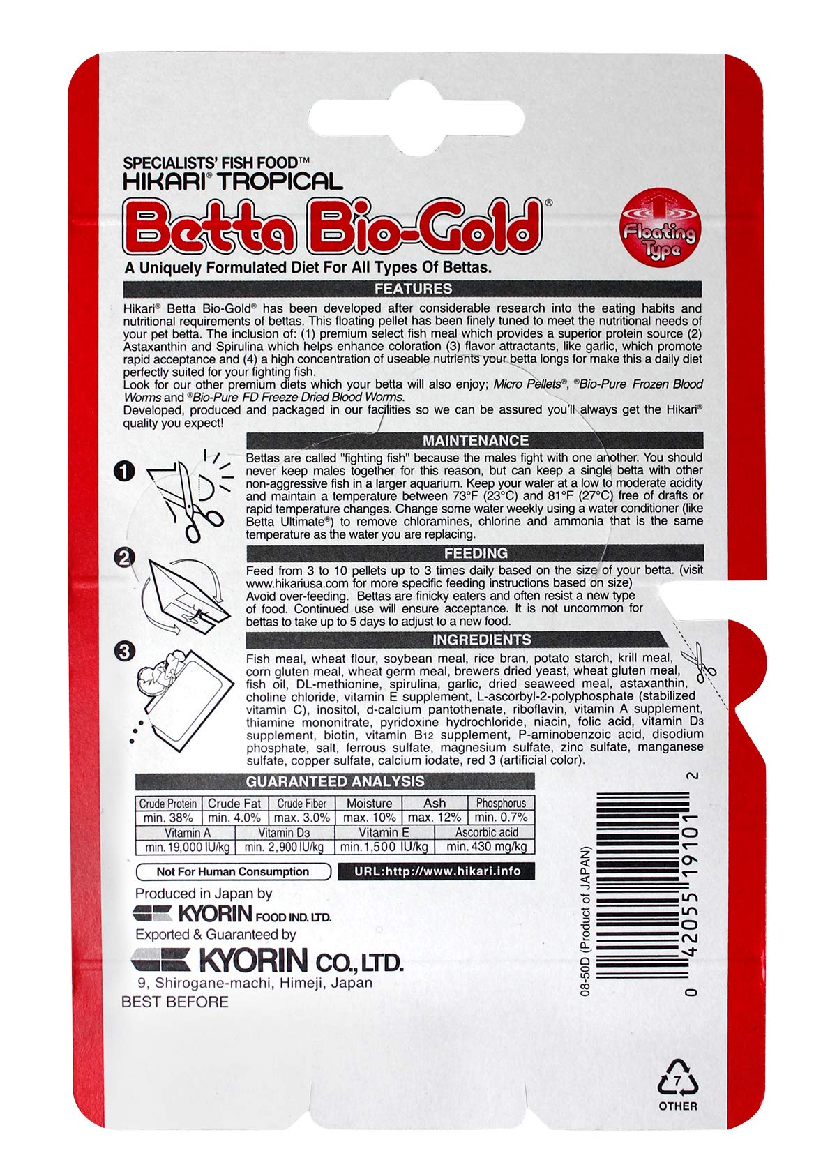 Hikari Betta Bio-Gold, protéine de qualité supérieure soutenant la croissance des poissons.