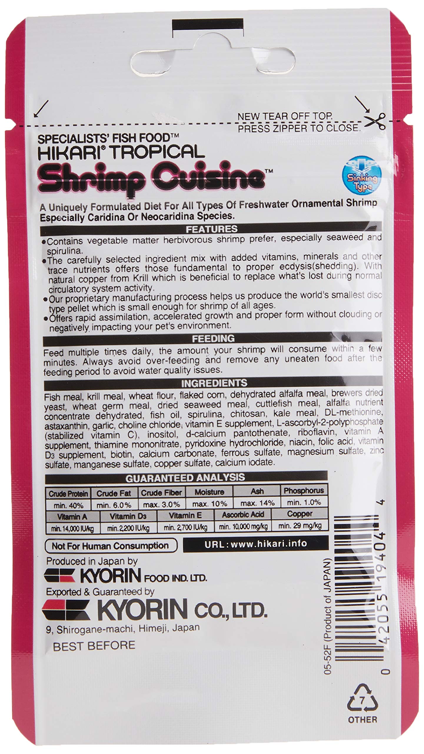 Hikari Shrimp Cuisine met en valeur la coloration et favorise un comportement alimentaire sain.