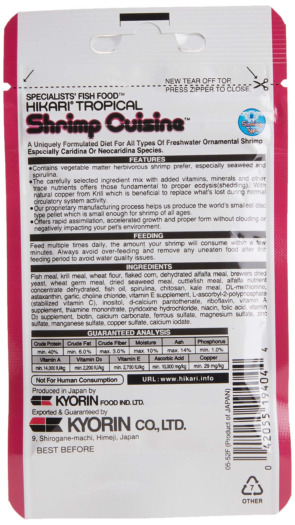 Hikari Shrimp Cuisine met en valeur la coloration et favorise un comportement alimentaire sain.