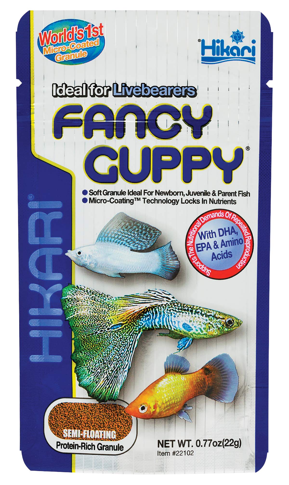 Hikari Fancy Guppy – granulés flottants, alimentation en colonne et croissance soutenue.