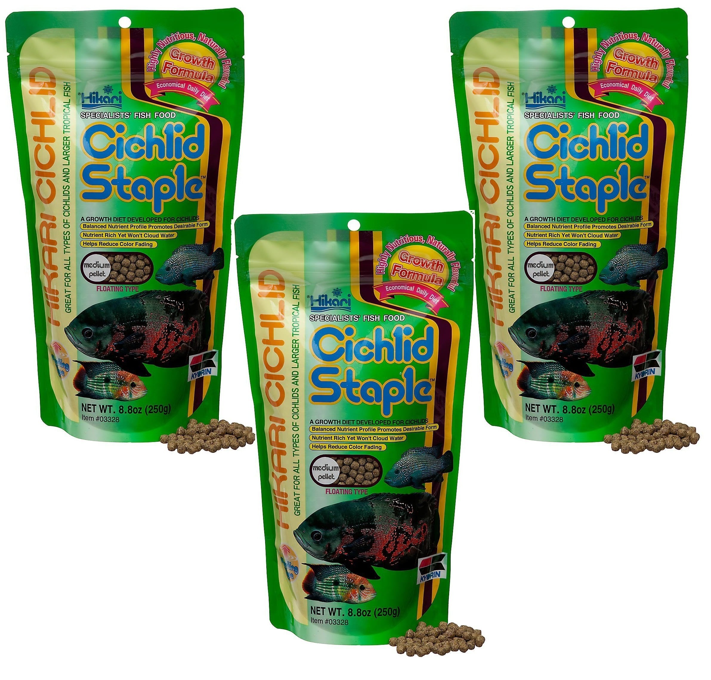 Hikari granulés d’alimentation de base pour cichlidés flottants, favorisant croissance rapide et digestion efficace.