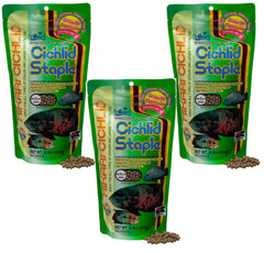 Hikari granulés d’alimentation de base pour cichlidés flottants, favorisant croissance rapide et digestion efficace.