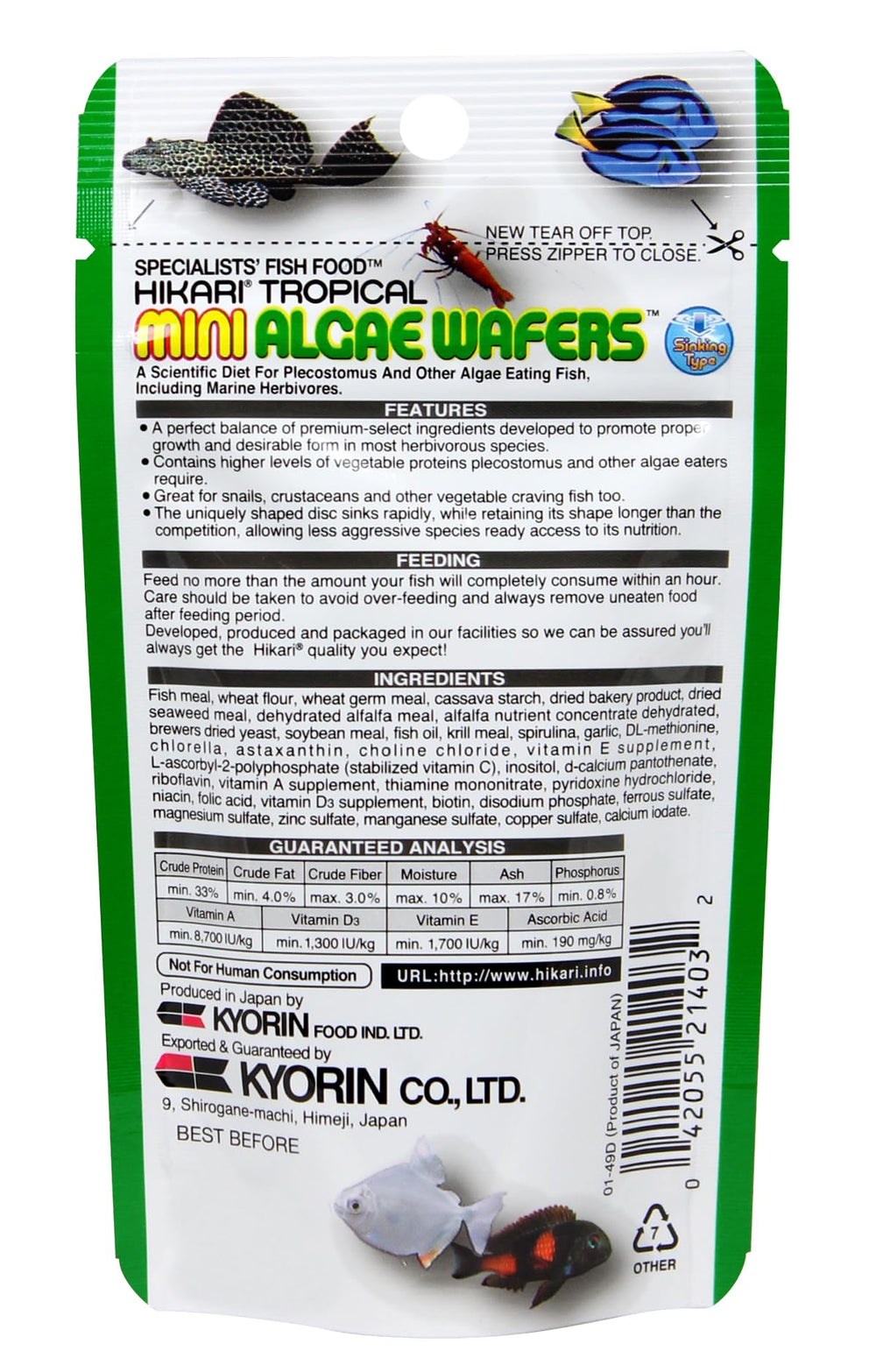 Hikari pellets algues tropicales pour poissons, 85 g, format pratique.
