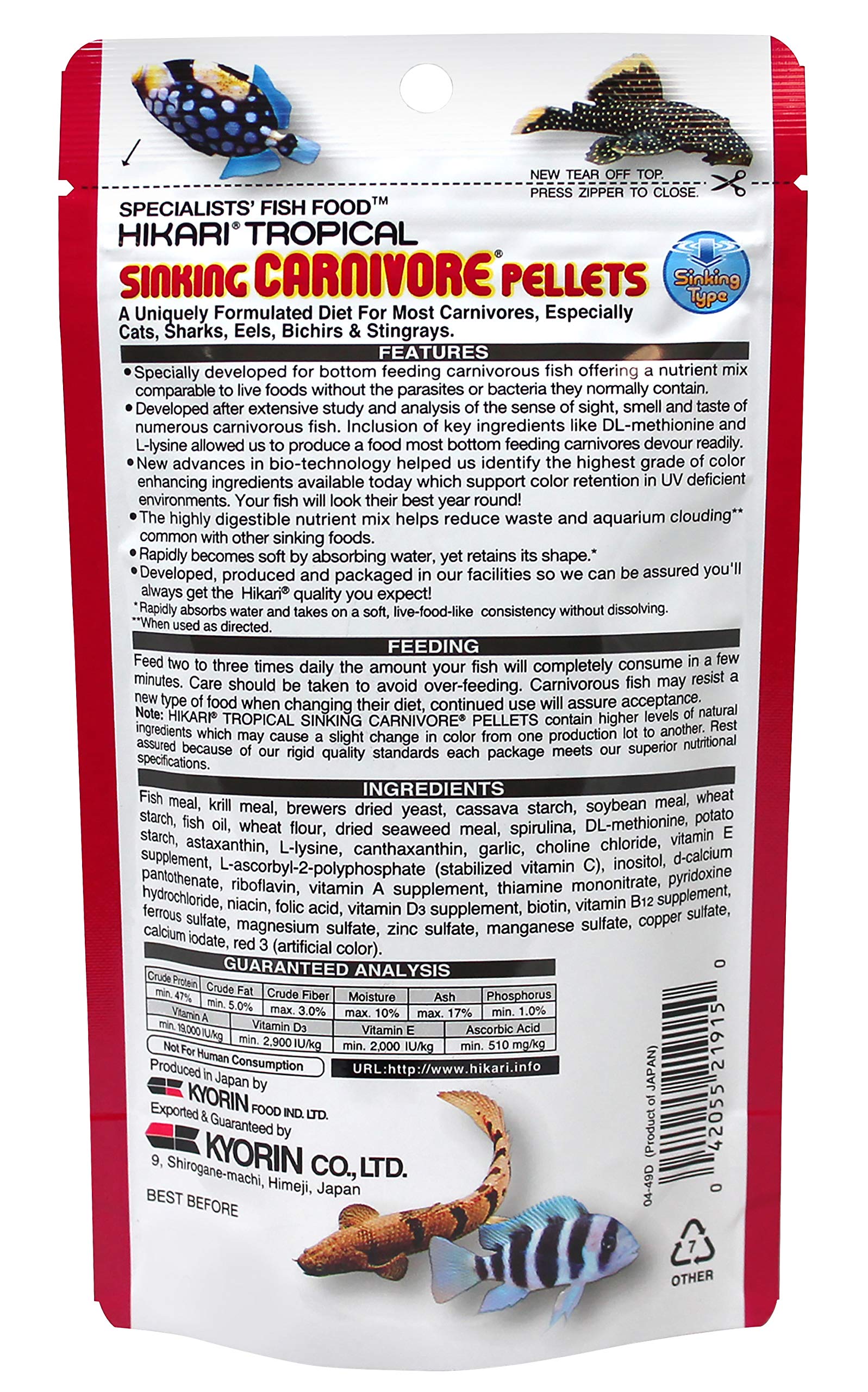 Hikari Pellets Carnivore pellets en eau montrant la dissolution rapide sans perte de forme
