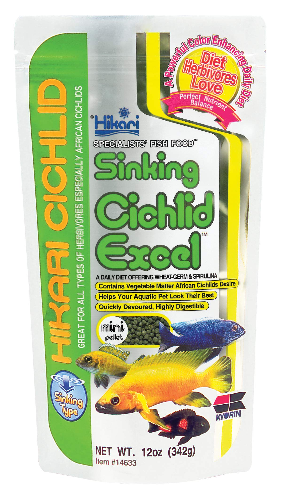 Hikari pellets cichlides 12onces: alimentation adaptée pour poissons herbivores.