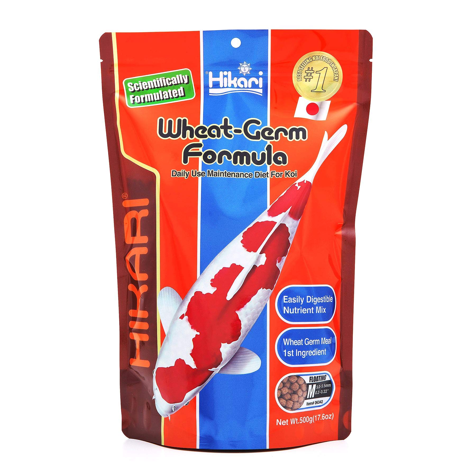 Pellets flottants Hikari au germe de blé, facilitant le suivi de la ration et la brillance du pelage.