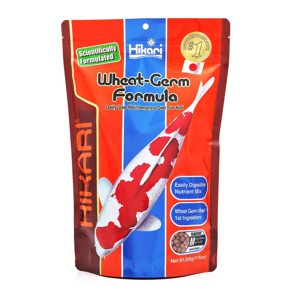 Pellets flottants Hikari au germe de blé, facilitant le suivi de la ration et la brillance du pelage.