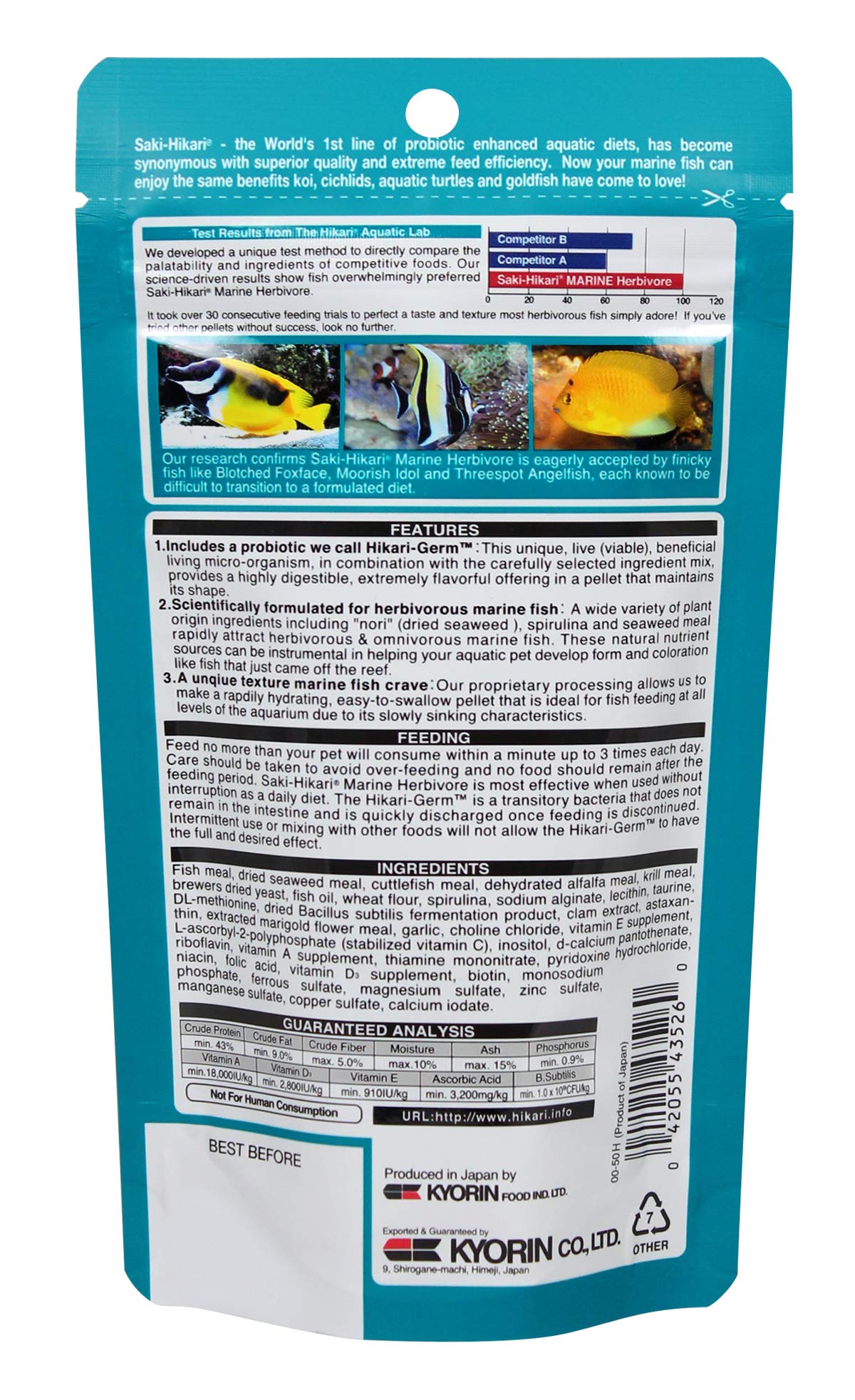 Hikari pellets marins herbivores dans sachet démontrant stabilité et facilité d'alimentation