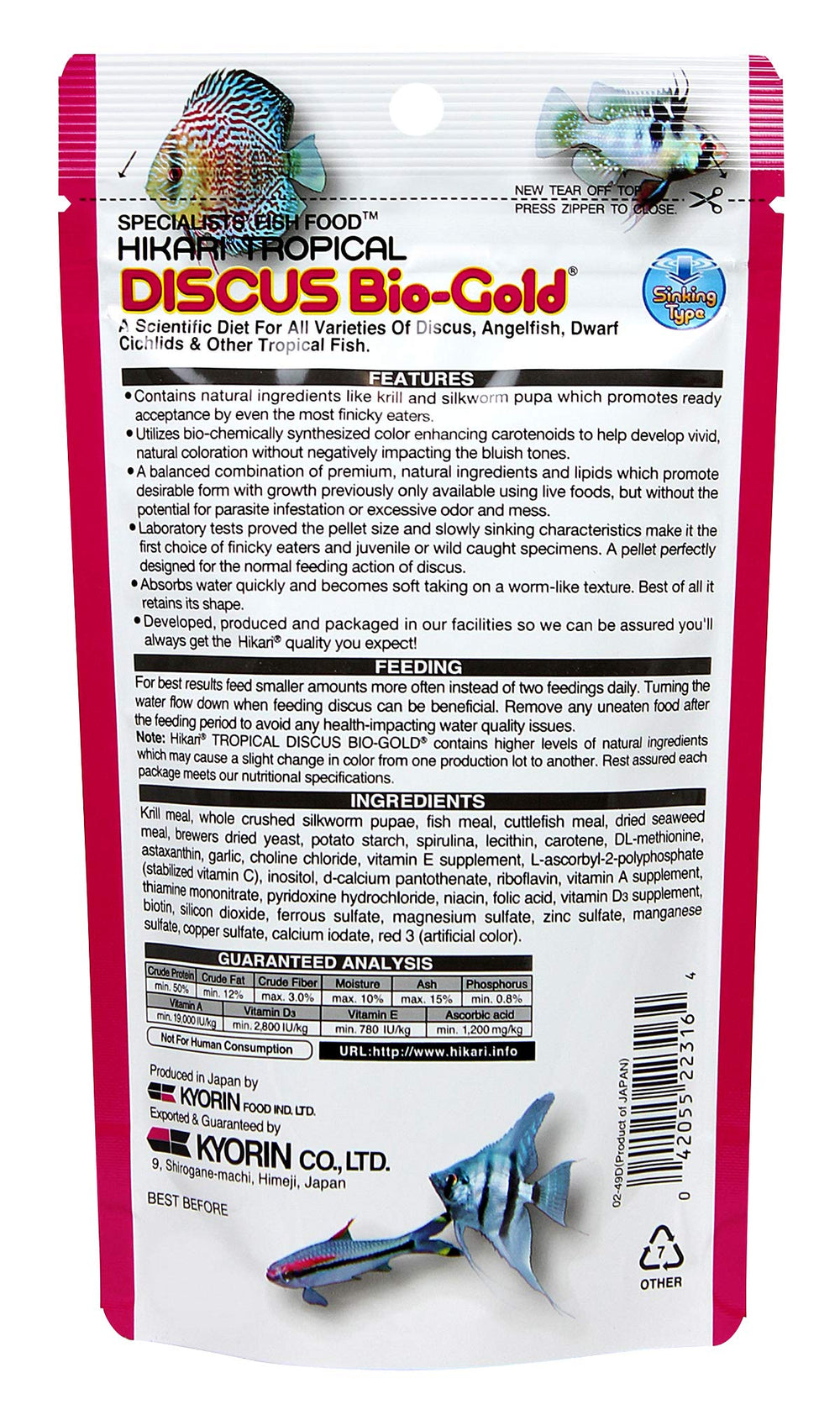 Hikari Tropical Discus Bio-Gold pellets détaillés pour une distribution précise.