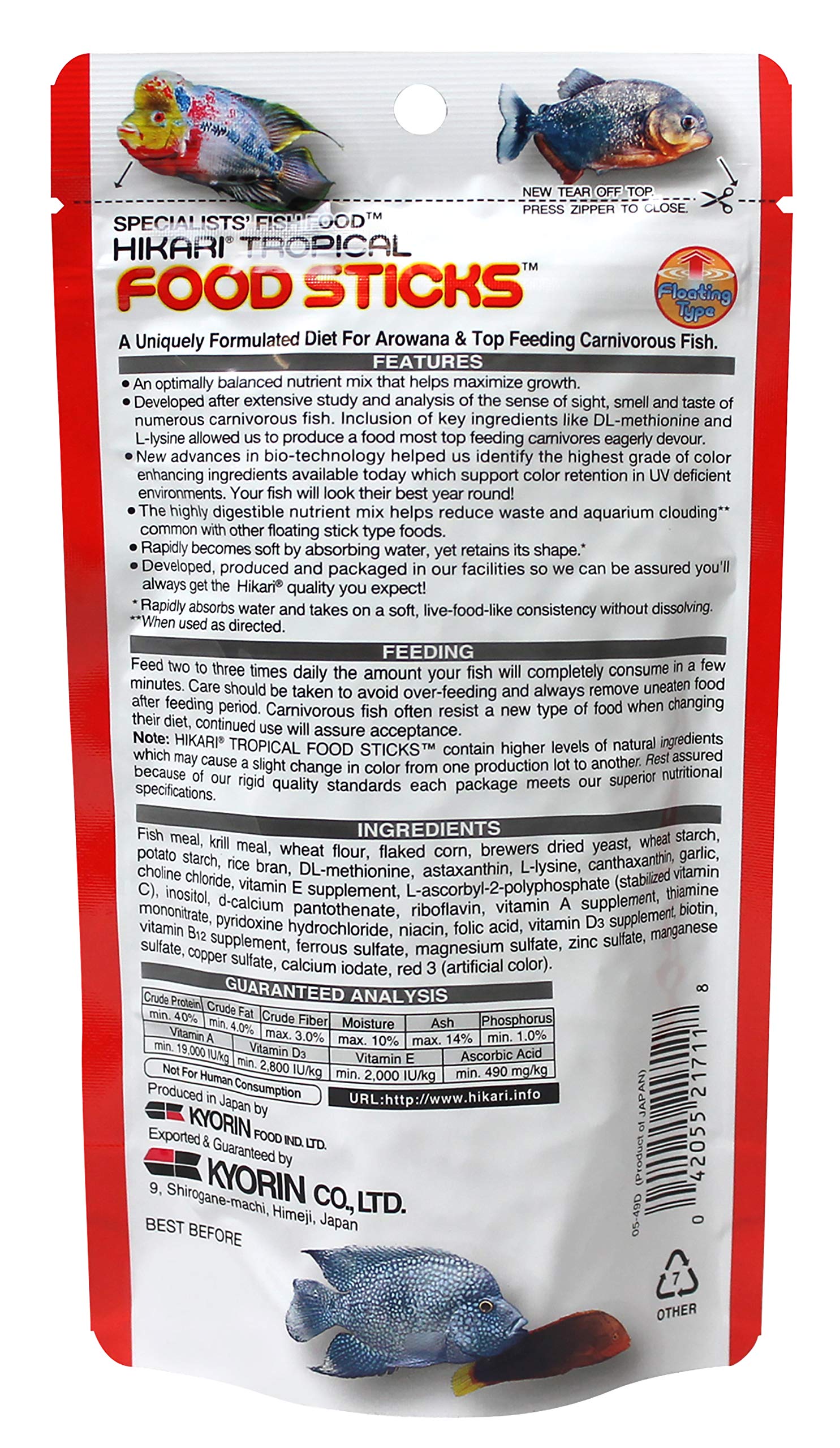 Hikari Tropical Food Sticks, préparation de nourrissage quotidien pour carnivores aquatiques.