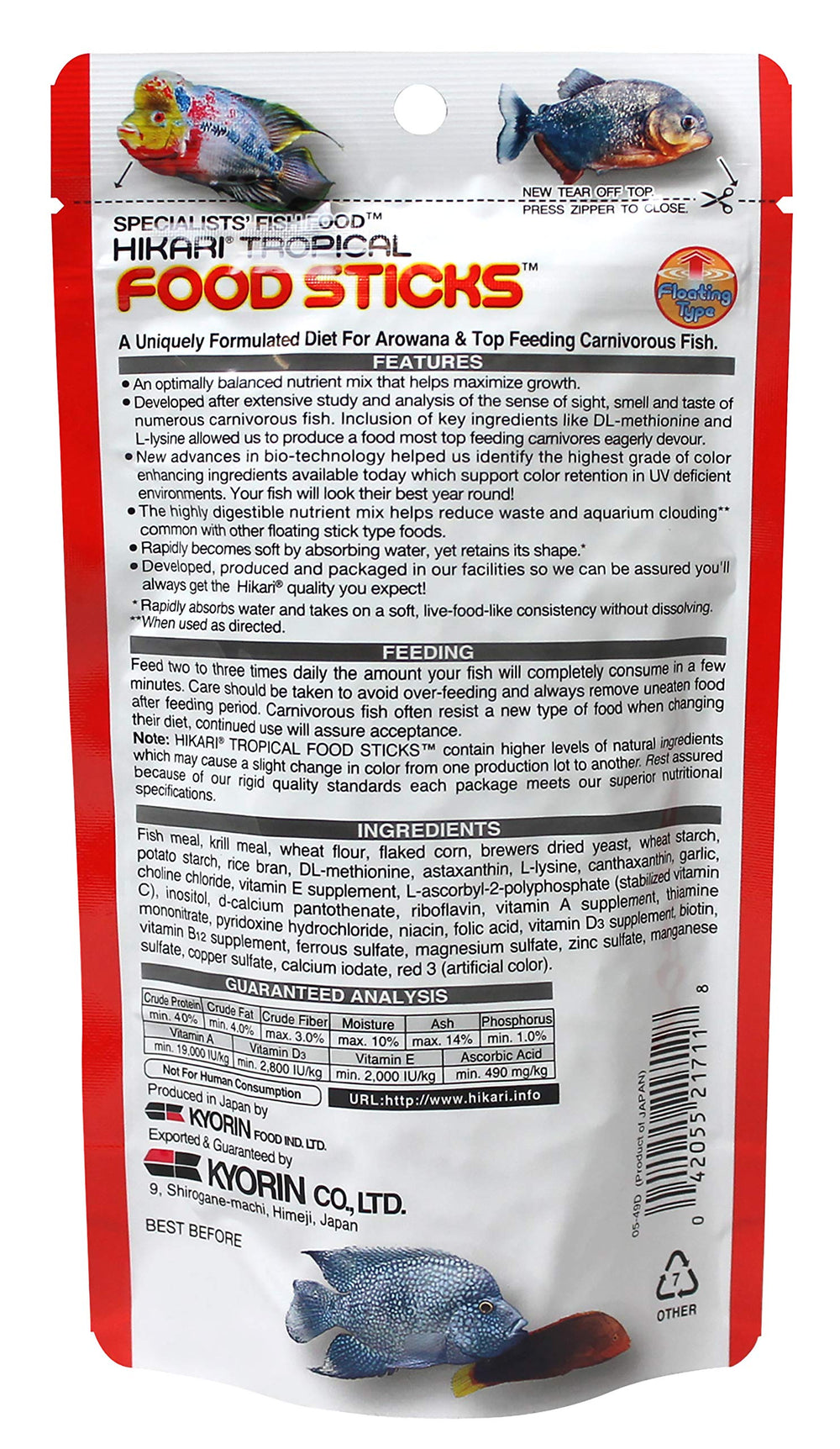 Hikari Tropical Food Sticks, préparation de nourrissage quotidien pour carnivores aquatiques.