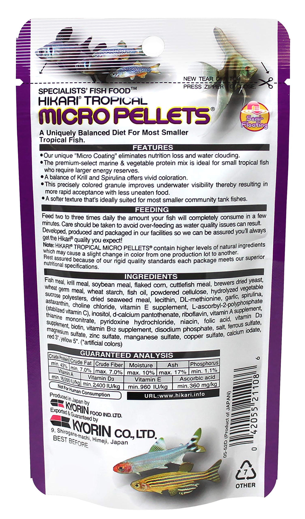 Hikari Tropical: les pellets descendent lentement dans l'aquarium pour nourrir tous les niveaux.