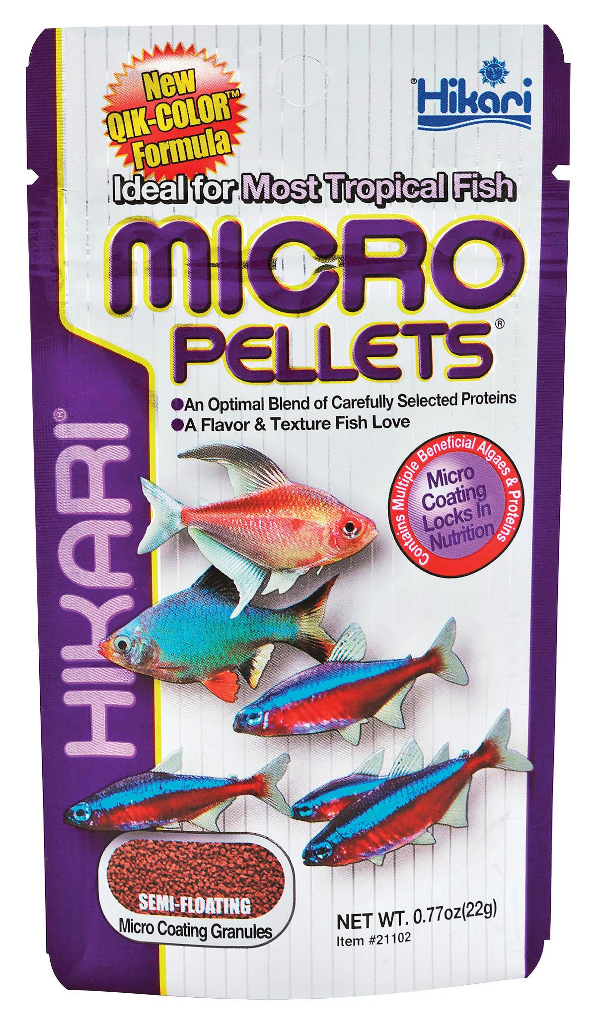 Hikari Tropical, gros plan sur pellets semi-flottants nourrissant les petits poissons.
