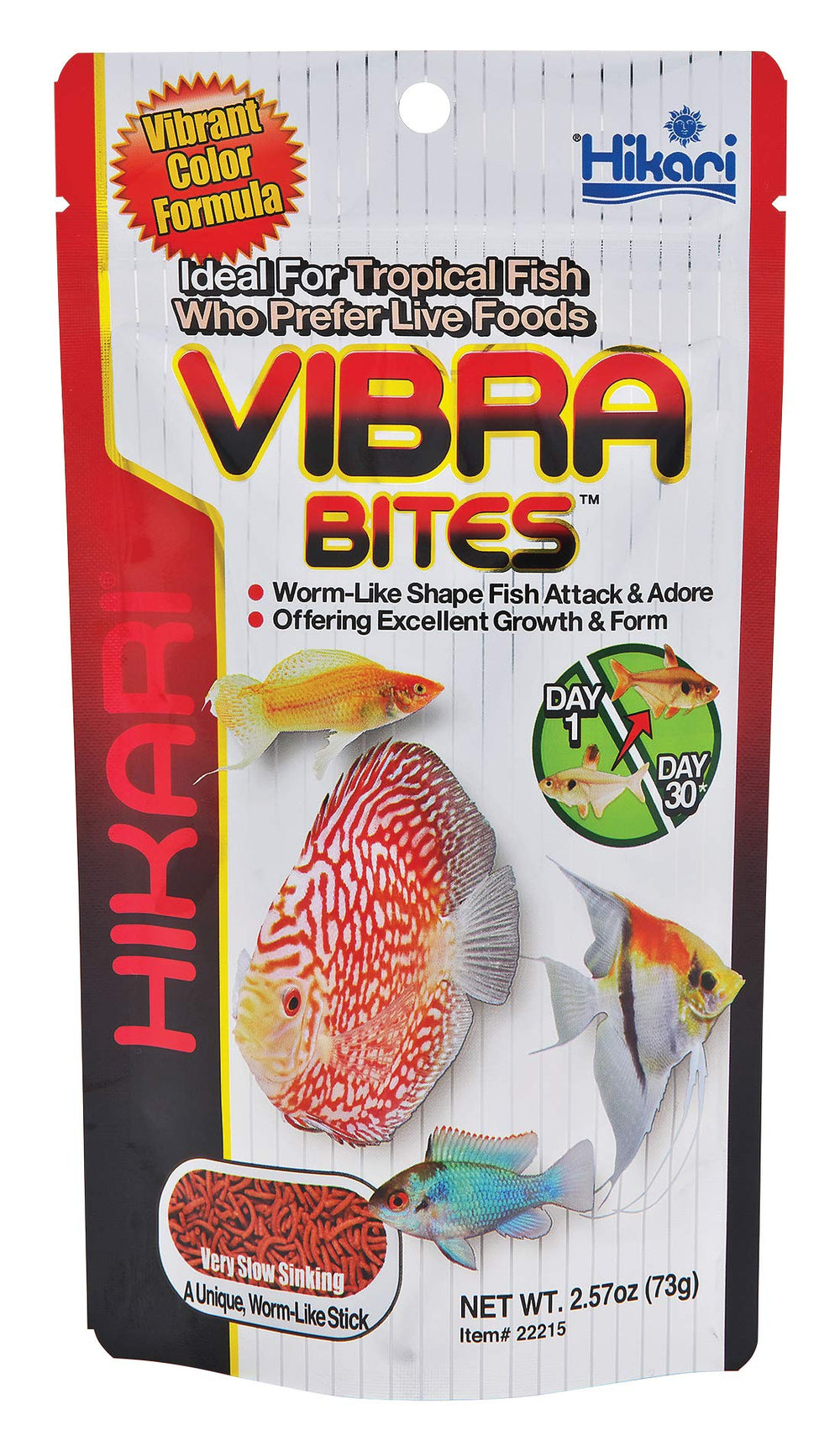 Hikari Vibra Bites montre des couleurs intenses grâce aux ingrédients colorants pour poissons tropicaux.