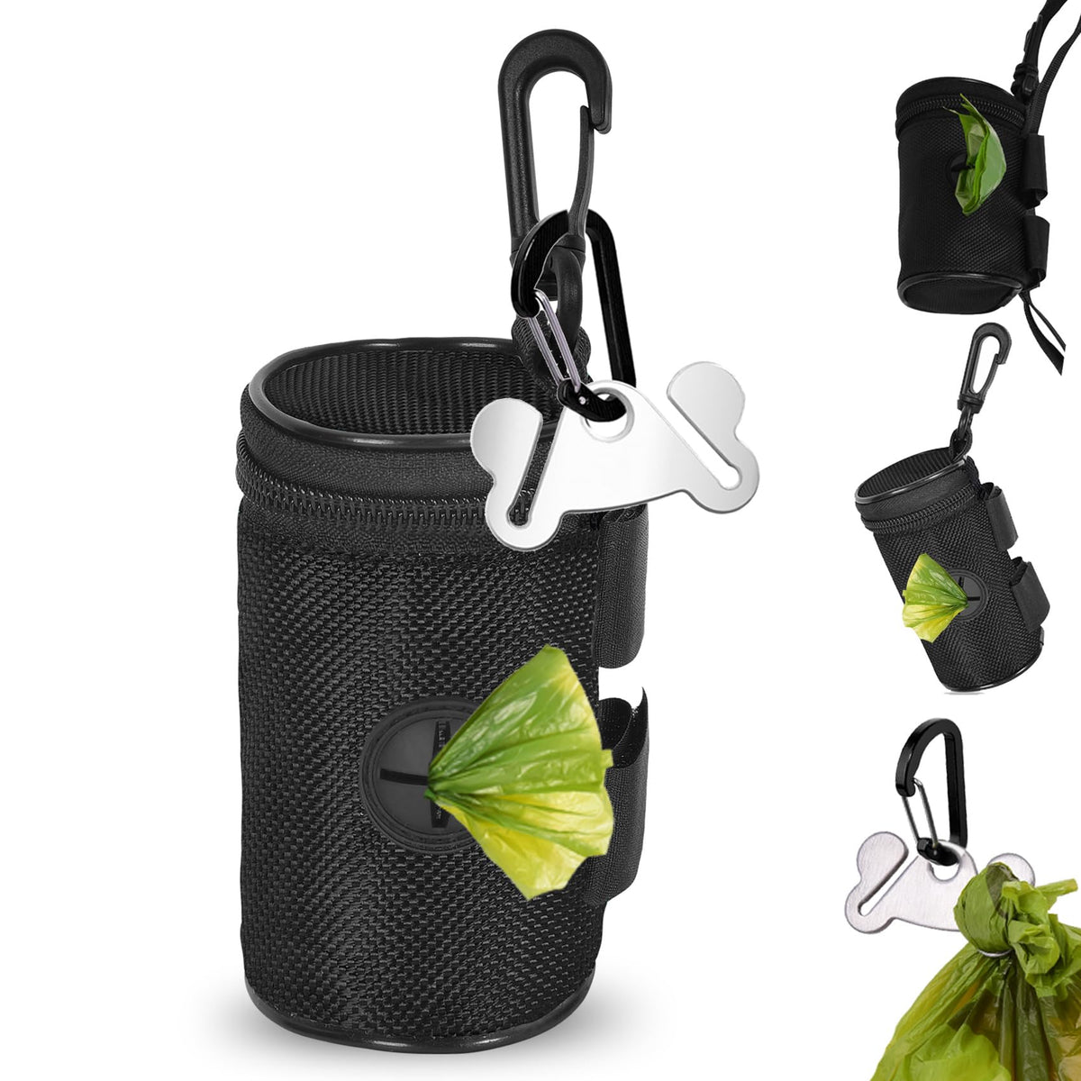 Distributeur Hilihali pour sacs crottes sur laisse noire ronde, pratique et léger.