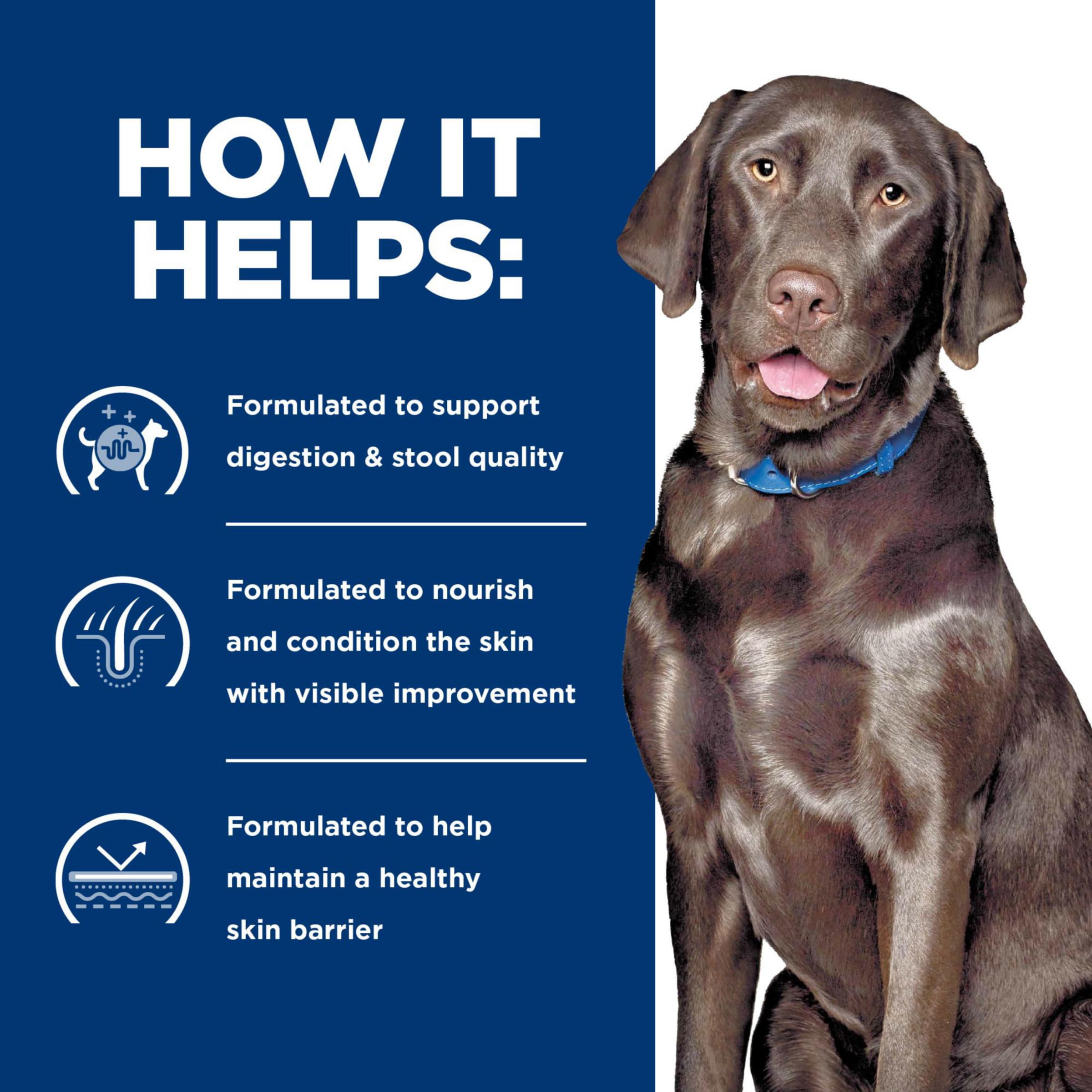 Formule sans soja Hill's d/d adaptée pour chiens sensibles.