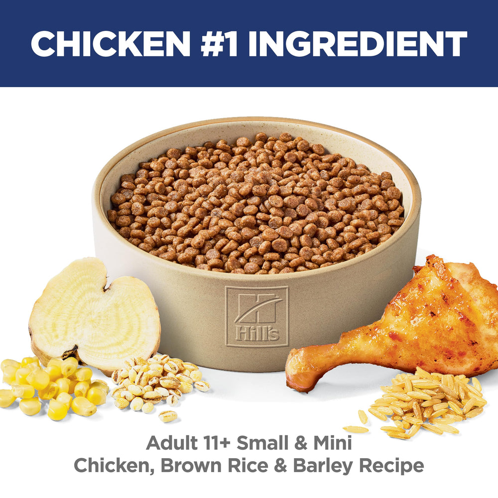 Hill's Science Diet Senior 11+ petit chien, croquettes orge – peau et pelage nourris.