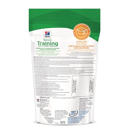 Hill's friandises d'entraînement poulet, emballage ouvert, collation savoureuse pour récompenser pendant l'apprentissage.