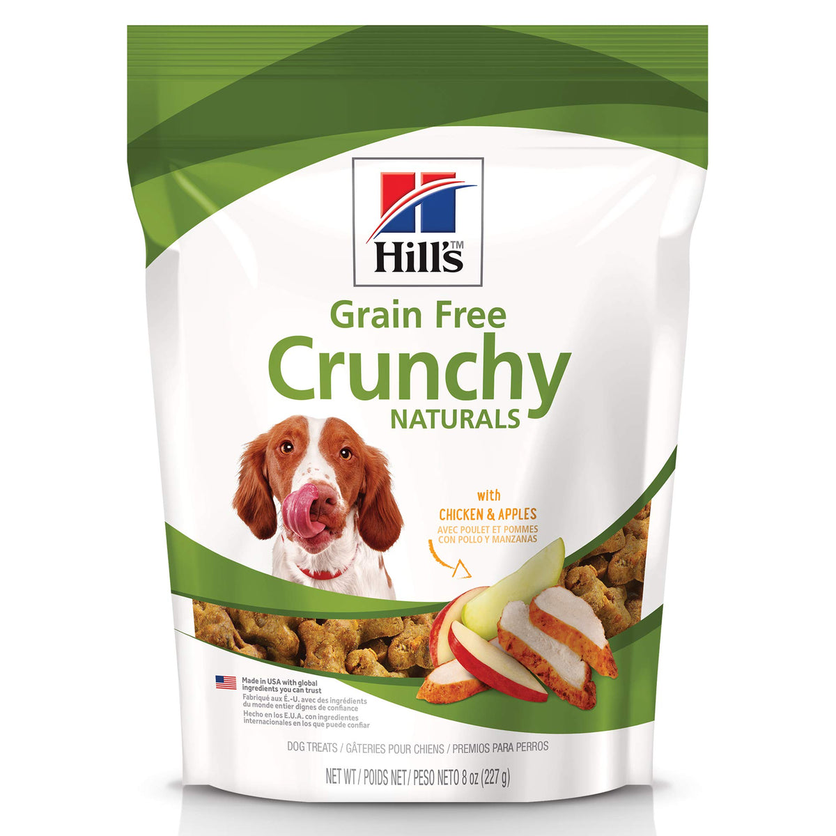 Hill's Friandises croustillantes sans céréales au poulet et pommes – emballage 8 oz sans céréales.