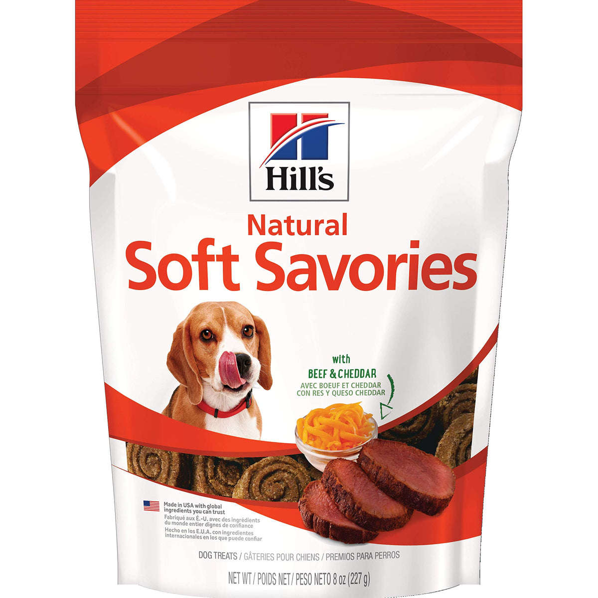 Hill's Natural Soft Savories, boîte de 8 onces, friandises au bœuf et cheddar, idéale comme récompense.