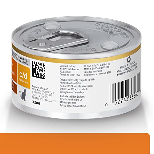 Hill's c/d Multicare: conserve poulet et légumes, goût appétissant et hydratation facilitée.