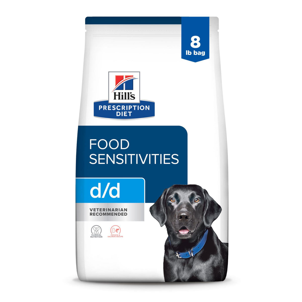 Hill's d/d emballage montrant la formule sensibilité chien pomme de terre saumon.