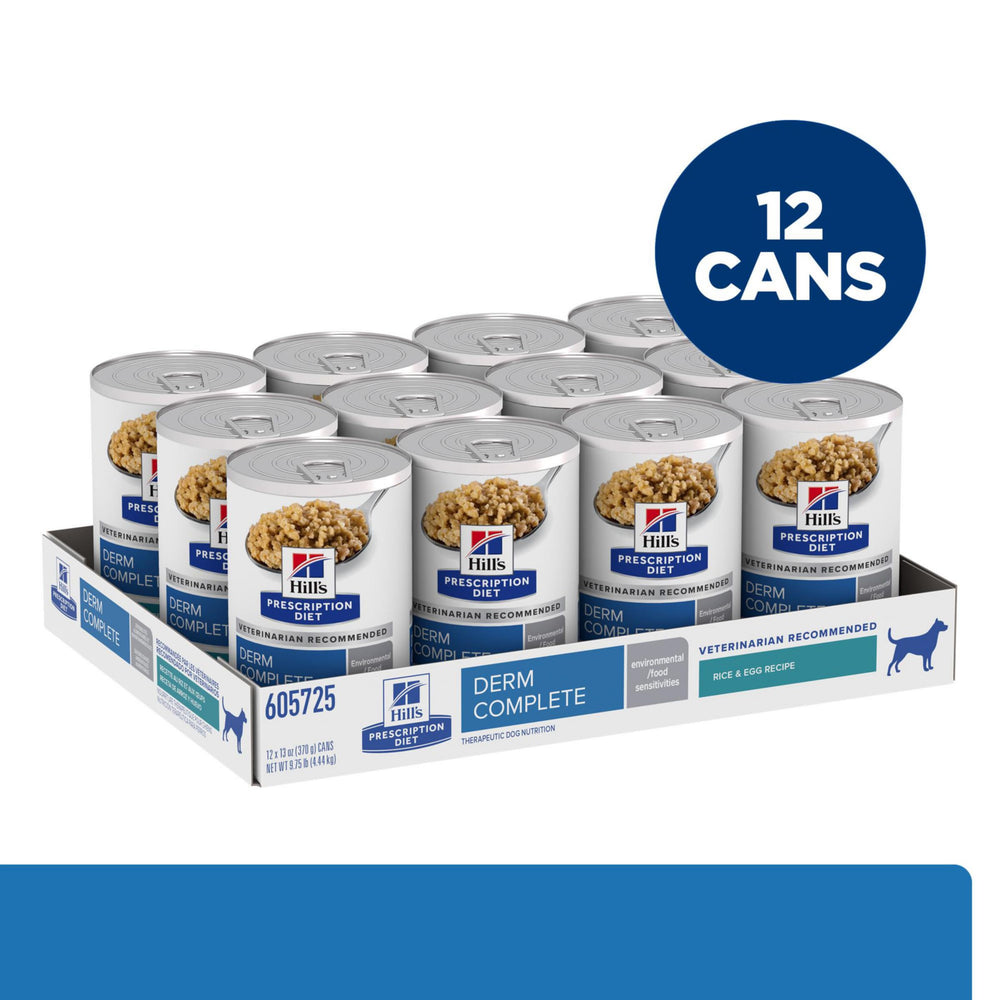 Hill's Prescription Diet Derm Complete – sensibilité environnementale, peut favoriser peau équilibrée.